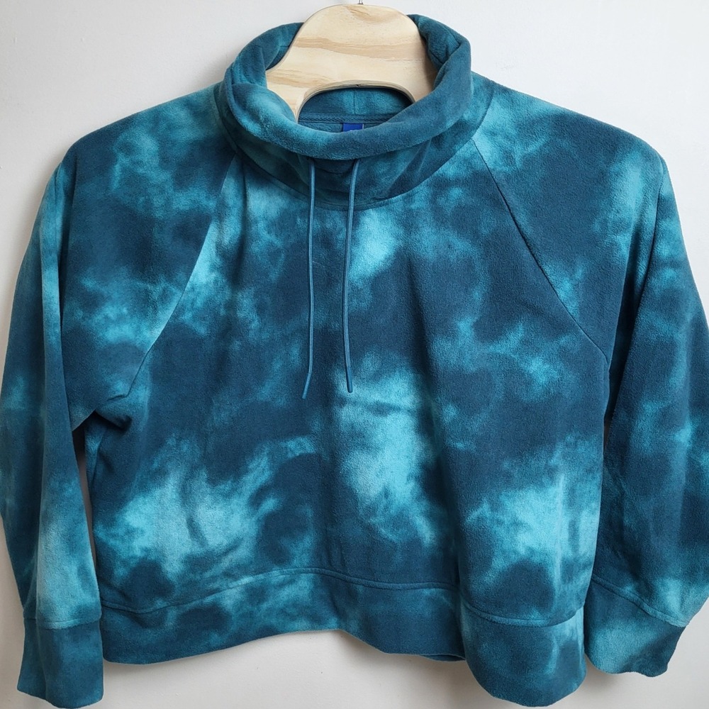 Old Navy Go Warm  Cropped Sweatshirt XXL Teal Blue Tie Dye Fleece‎ Mock Neck
